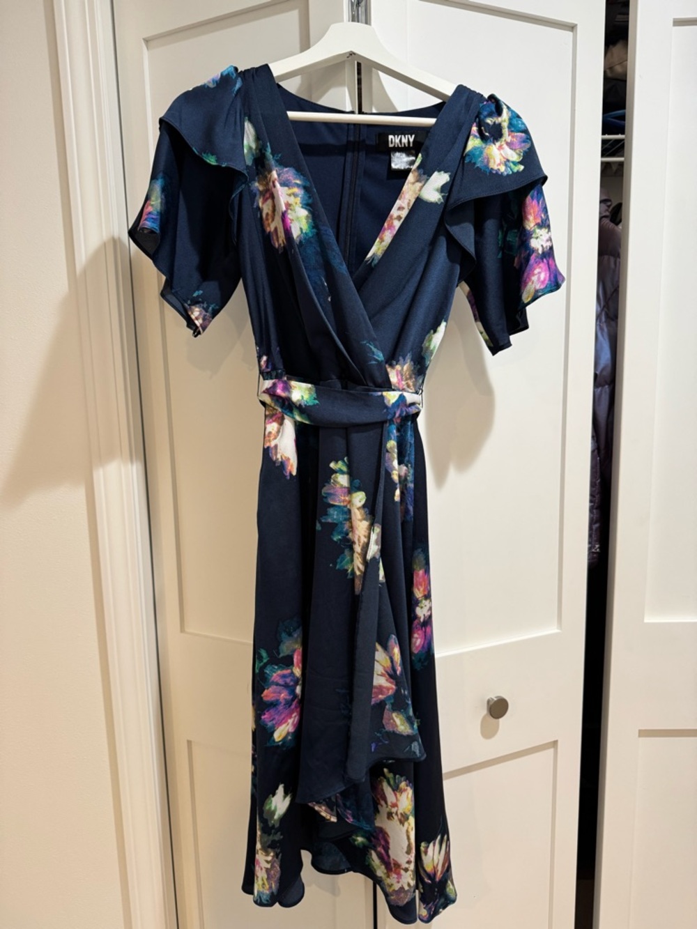 DKNY Floral Flutter Sleeve Faux Wrap Dress 0P